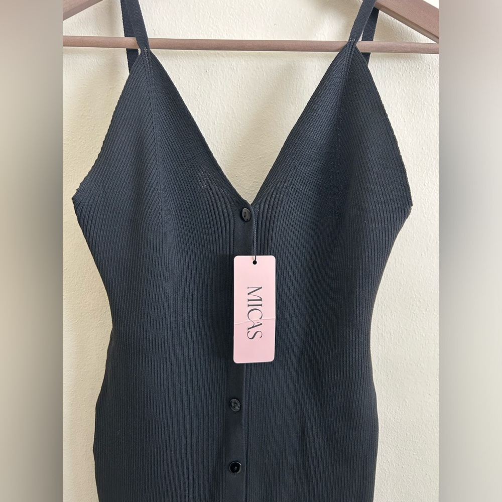 Vneck Button Black Dress